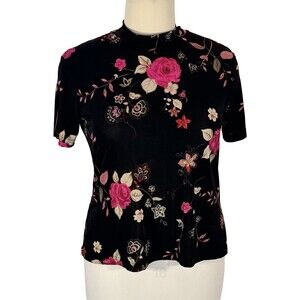 Mesh Mock Neck Top Women's XXL Black Fuschia Dark Floral Short Sleeve